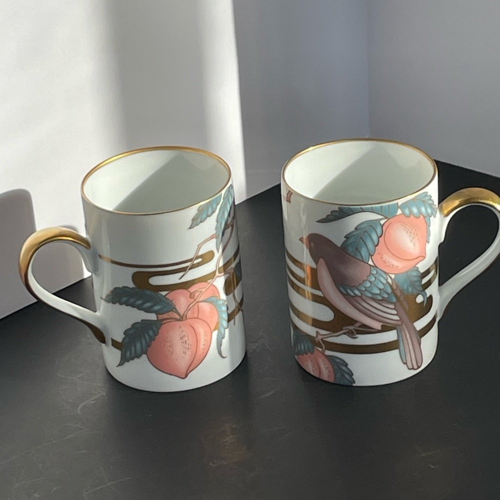 Fitz & Floyd Tea / Coffee Cups “Nightingale” Peaches #146 ~2 ~ Gold Encrusted